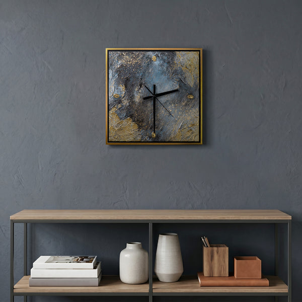 Unique Hand-Painted Wall Clock – White & Gold Relief, Black & Gold Frame, 35×35 cm