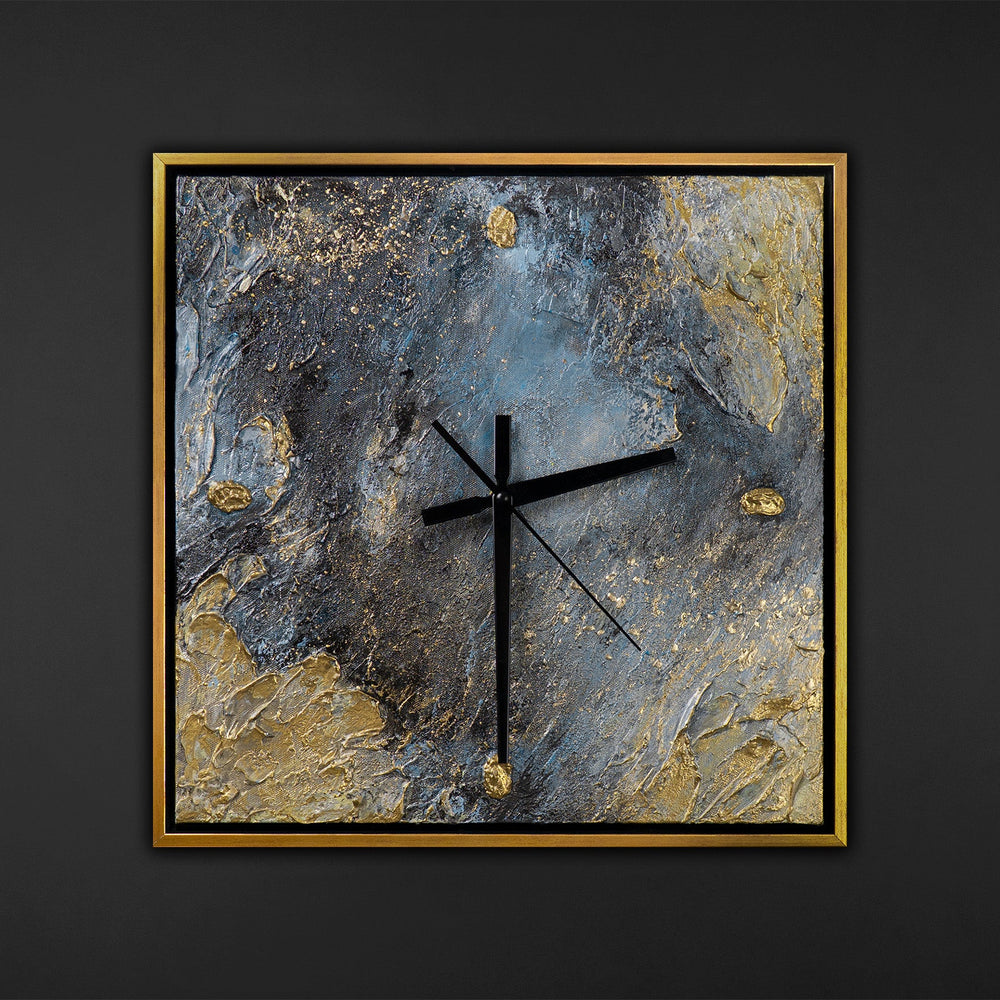 Unique Hand-Painted Wall Clock – White & Gold Relief, Black & Gold Frame, 35×35 cm