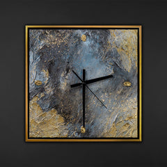 Unique Hand-Painted Wall Clock – White & Gold Relief, Black & Gold Frame, 35×35 cm