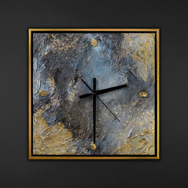 Unique Hand-Painted Wall Clock – White & Gold Relief, Black & Gold Frame, 35×35 cm