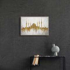 Abstraktes Leinwandbild „Moschee" – Silhouette einer Moschee in Weiß und Gold, 60x40 cm 