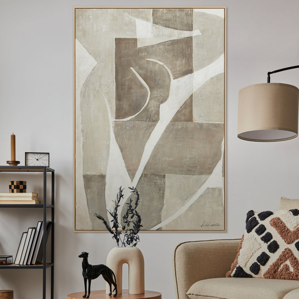 Handgemaltes Gemälde „Mery“ – Abstrakte Linienkunst in Beige