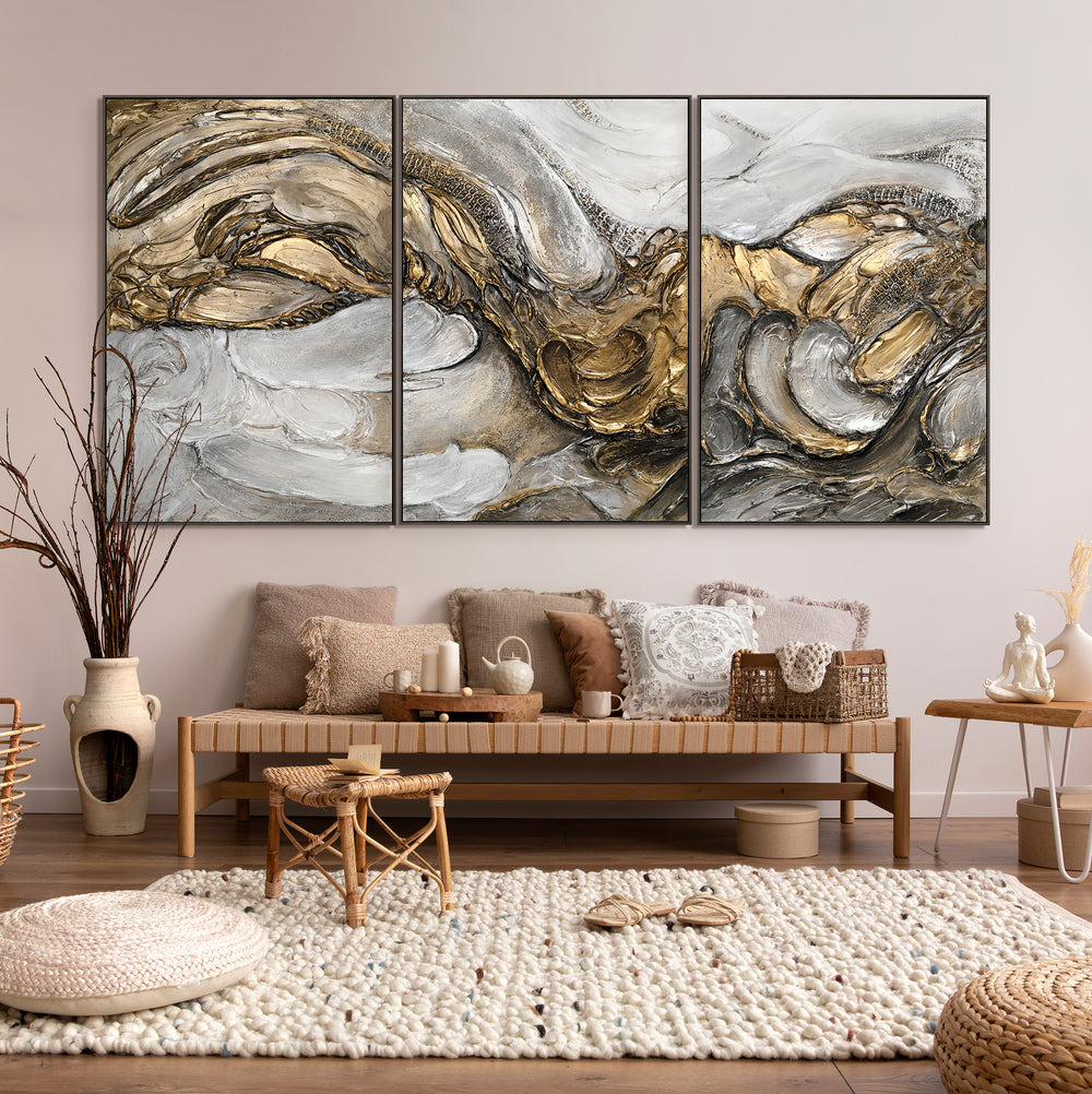 "Tsunami" Hand-Painted Triptych Canvas for Living Room with Frame