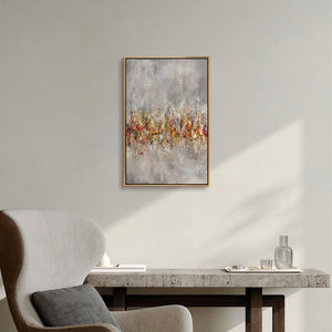 Abstraktes Gemälde „Heller Horizont" im modernen Wohnzimmer – farbige Wanddeko mit goldenem Rahmen