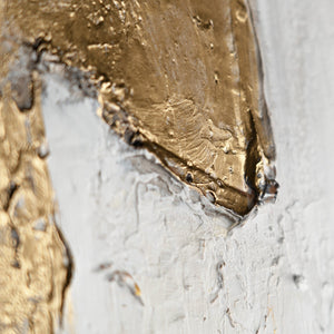 Abstraktes Leinwandbild „Sanfter Zeitfluss" – Nahaufnahme der goldenen Reliefstruktur auf grauem Grund