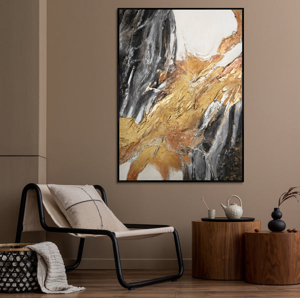 Framed abstract painting on canvas "Golden Symphony"