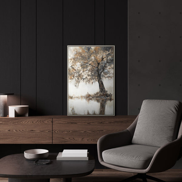 Naturgemälde „Lyrischer Baum" im modernen Wohnzimmer – ruhige Wanddeko in Beige und Grau