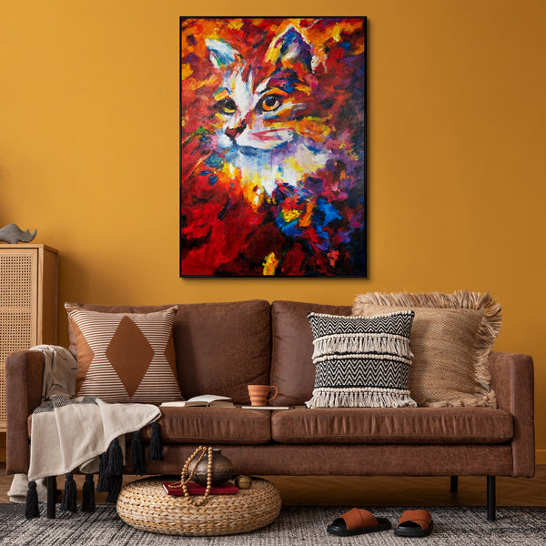 Bright framed painting on canvas "Cat in abstraction"