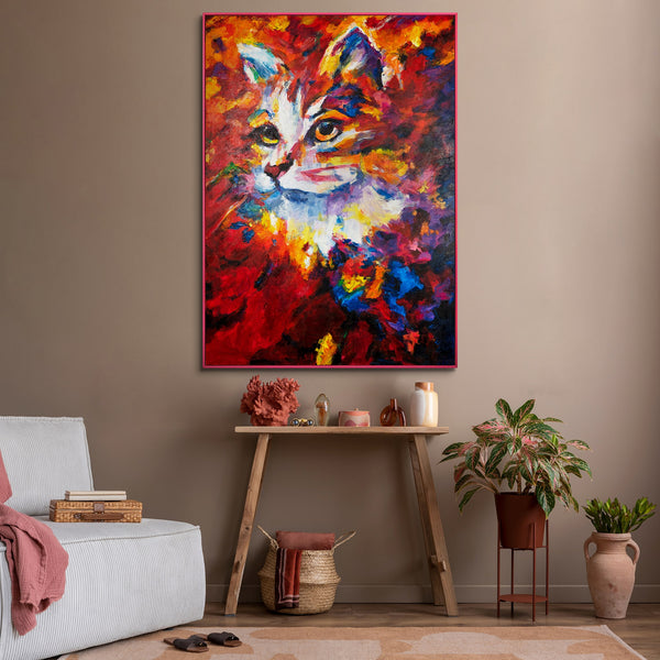 Bright framed painting on canvas "Cat in abstraction"