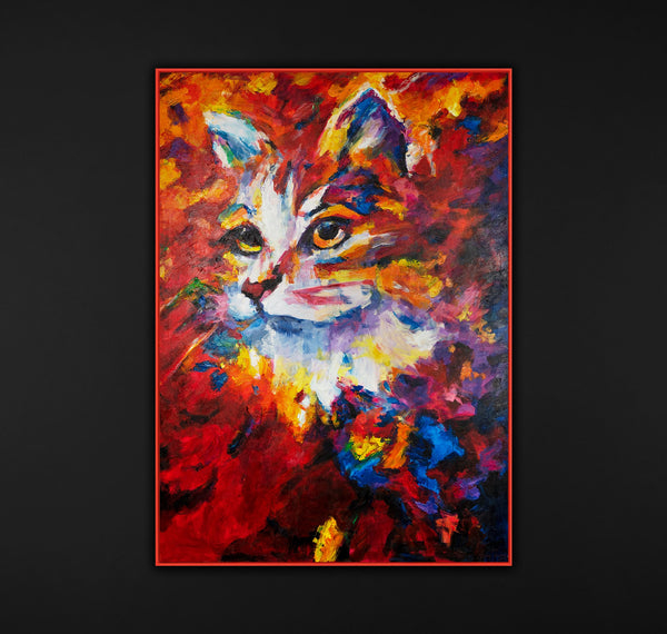 Bright framed painting on canvas "Cat in abstraction"