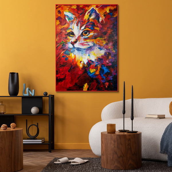 Bright framed painting on canvas "Cat in abstraction"