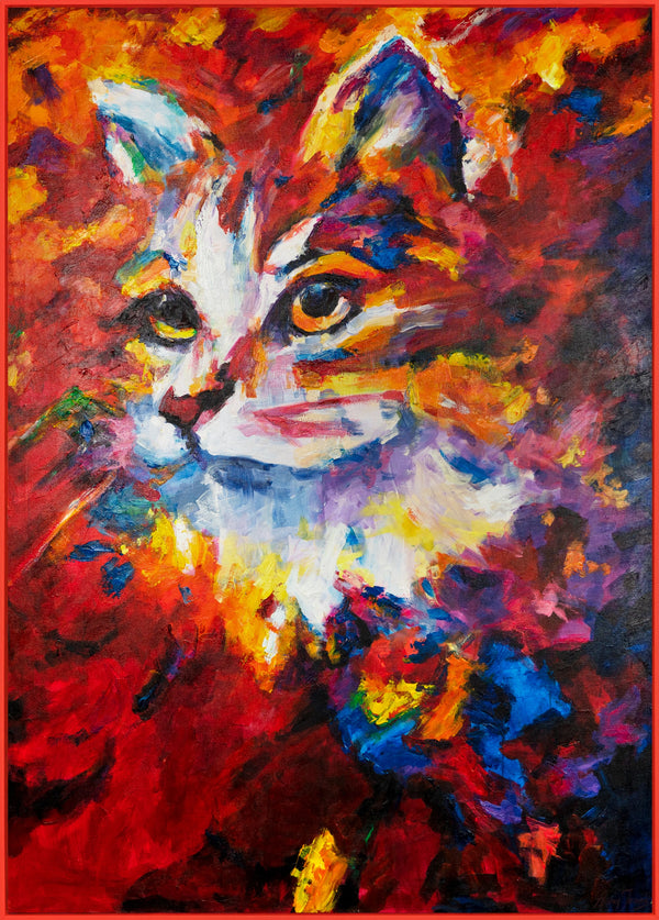 Bright framed painting on canvas "Cat in abstraction"