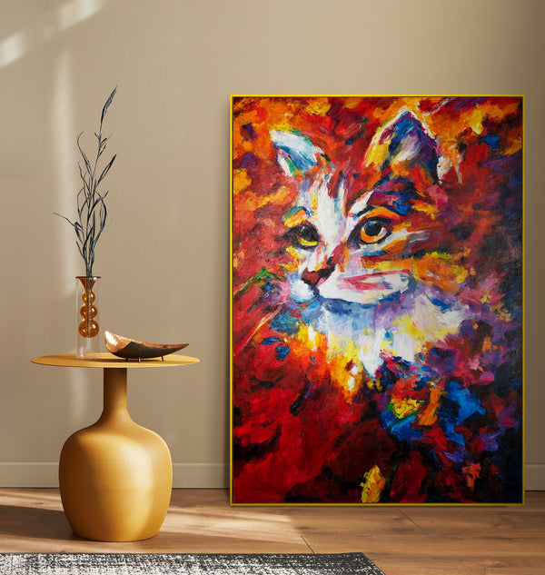 Bright framed painting on canvas "Cat in abstraction"