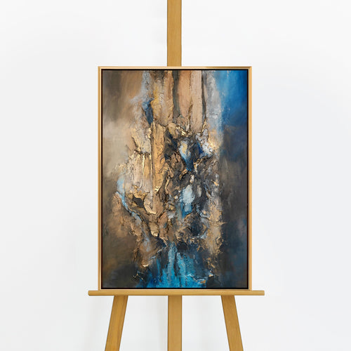 Handgemaltes Acrylbild „Elegante Abstraktion" auf Staffelei – Gold und Blau Reliefstruktur, goldener Rahmen