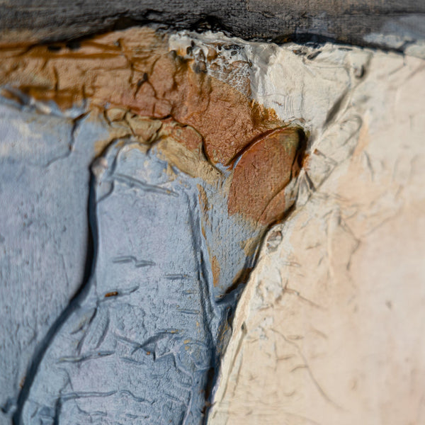 Detail des Gemäldes „Geometrische Farben" – schwarze Linien und Formen in Beige, Blau und Ochre