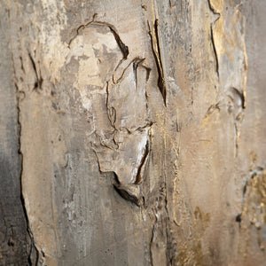 Close-up of textured abstract painting with detailed gold and grey strokes, perfect for modern art enthusiasts