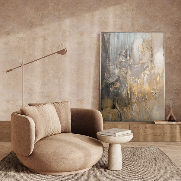 Elegant abstract canvas art in a modern living room with gold and grey tones for sophisticated decor