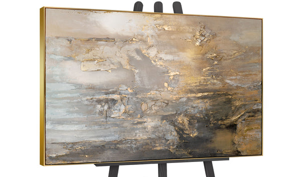 Elegant gold-framed abstract canvas showcased in a gallery setting, highlighting rich textures and dramatic contrasts.