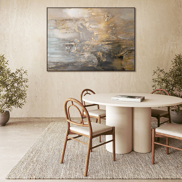 Elegant abstract canvas art above a minimalist dining table, complemented by natural light and simple decor for a serene dining experience