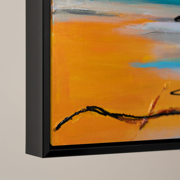 Close-up view of an abstract painting's texture and vibrant color gradient, framed in a sleek black border