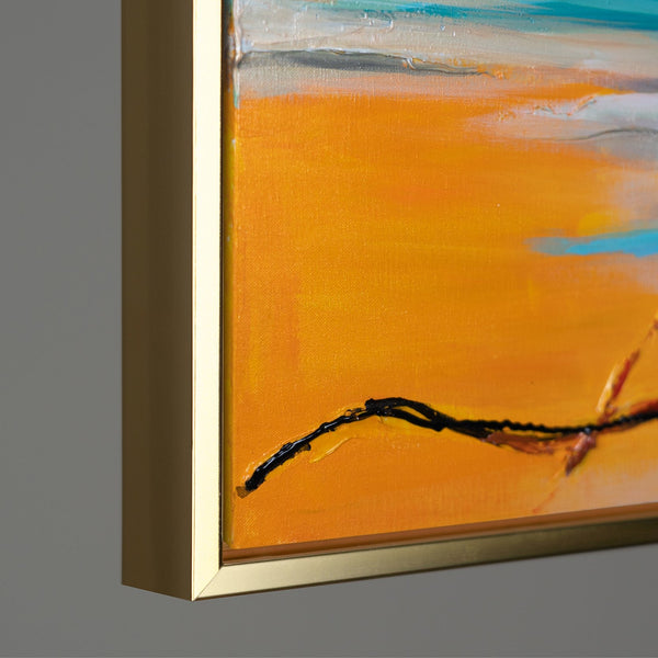 Detailed view of a colorful abstract art piece with dynamic black strokes, showcased in a luxurious gold frame