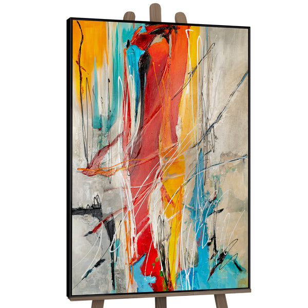 Abstract painting displayed on an easel featuring explosive colors and dynamic strokes, perfect for artistic inspiration and home decor