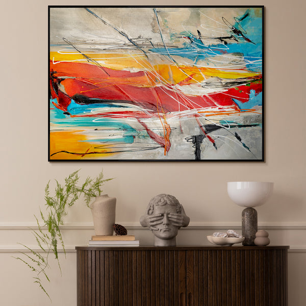 Abstract art canvas painting with vibrant red, yellow, and blue colors, perfect for modern living room wall decor, colorful wall art for home interior design