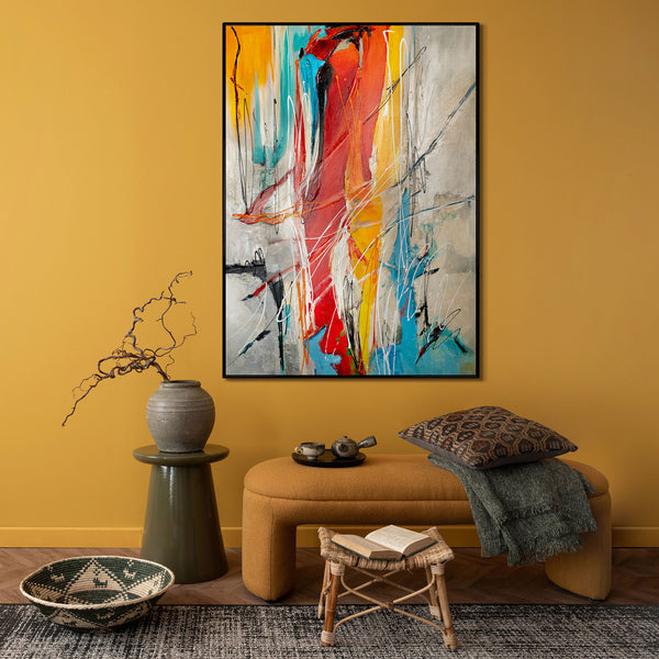 Colorful abstract painting in a bohemian styled room with vibrant wall art enhancing ethnic and modern decor elements