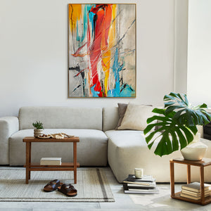 Contemporary abstract painting in living room, vibrant wall art for modern home decor, colorful canvas art for stylish interior