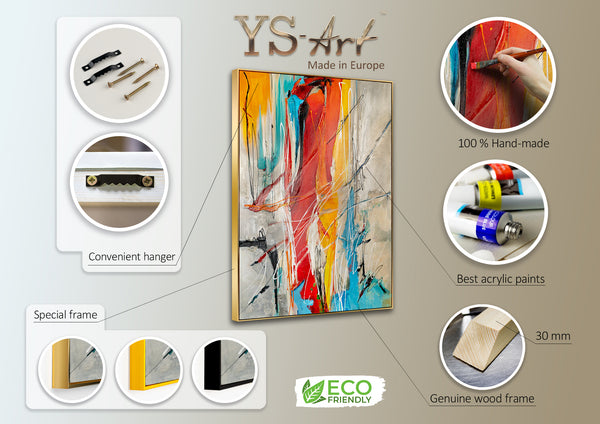 Detailed presentation of a vibrant abstract painting from YS Art, highlighting its handcrafted quality, eco-friendly acrylic paints, and various frame choices made from genuine wood