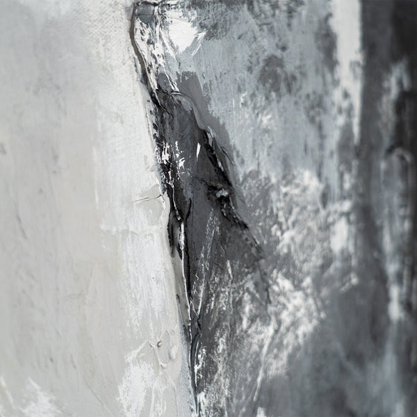 Detailed view of a textured abstract artwork with silver and white tones, focusing on the depth and artistic strokes