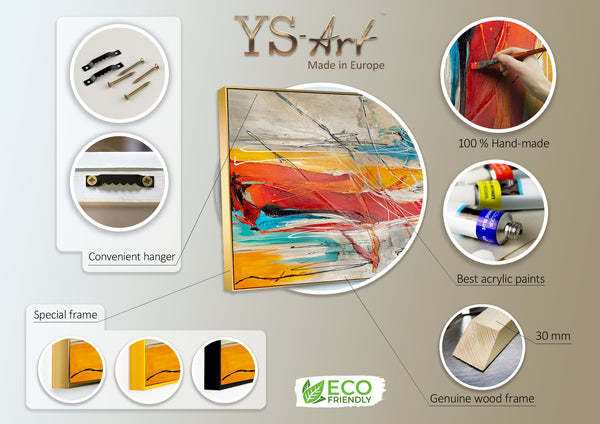 Promotional image showcasing YS Art abstract painting with features like 100% handmade, best acrylic paints, special frame options, and eco-friendly materials.