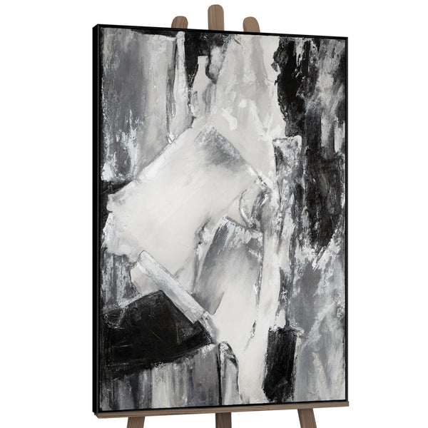 Monochrome abstract painting framed, displayed on easel, modern art in black frame, gallery style