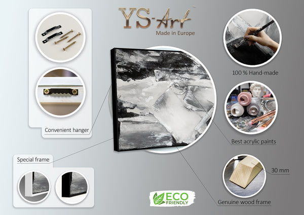 YS Art promotional image showcasing a monochrome abstract painting with special frame options, convenient hanger, best acrylic paints, and eco-friendly materials, perfect for modern home and office decor