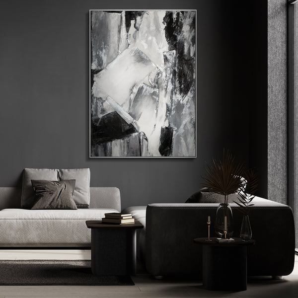 Monochrome abstract painting in modern living room, sleek interior design, minimalist furniture, contemporary home decor