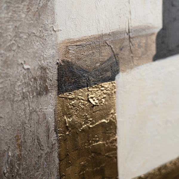 Modern abstract painting with textured gold foil and neutral tones on canvas, perfect for contemporary interior design