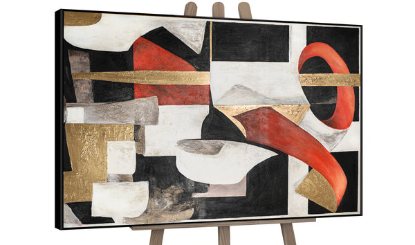 Modern abstract wall art with bold red, black, and white geometric shapes, accented with gold, for contemporary home decor