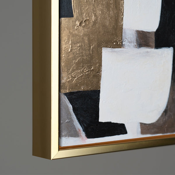 Abstract art with gold and black contrast, featuring white geometric elements in a luxurious golden frame, ideal for sophisticated interior design