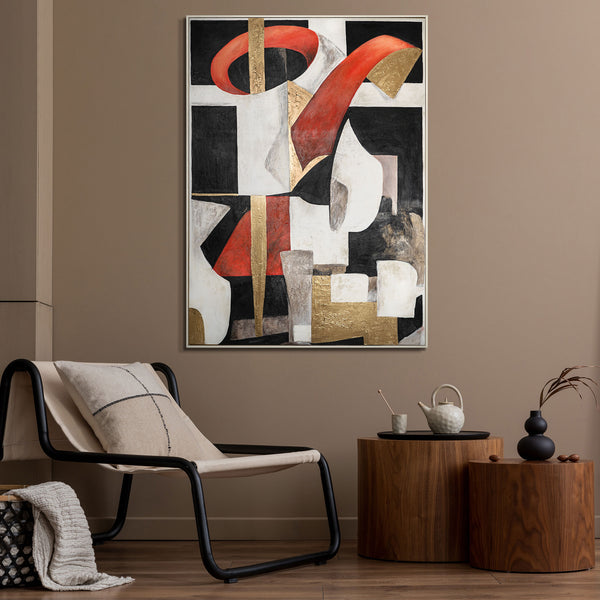 Modern abstract canvas art with bold red and gold accents framed in dark wood, perfect for a minimalist home decor