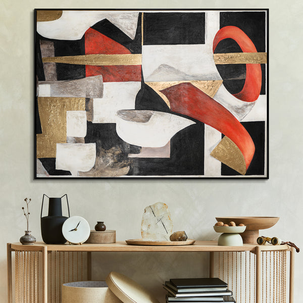 Contemporary geometric abstract painting with red, black, and gold accents, mounted on a wooden frame, ideal for modern home decor