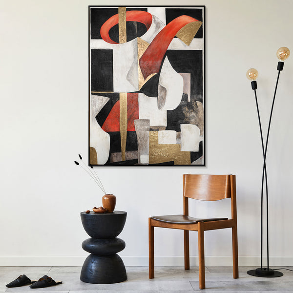 Contemporary abstract canvas art featuring bold red, black, and gold accents, perfect as modern living room decor or wall art, showcasing a stylish and artistic design