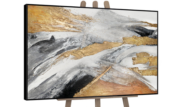 Modern abstract framed art painting on display, featuring dynamic gold and gray brushstrokes for a contemporary look, ideal for living room or office decor