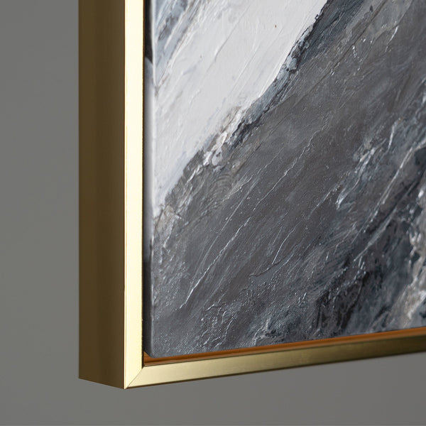 Luxury abstract painting in gold frame, featuring a rich texture of grays and metallic accents, ideal for modern interior wall decor