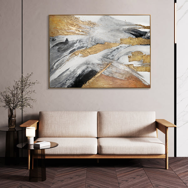 Framed abstract painting with gold accents, showcased in a modern living room above a neutral-toned sofa, creating a refined and stylish atmosphere