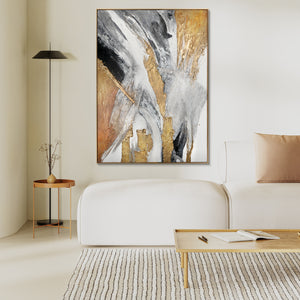 Elegant gold-framed abstract painting on canvas, featuring rich gold, white, and grey tones ideal for contemporary living room decor