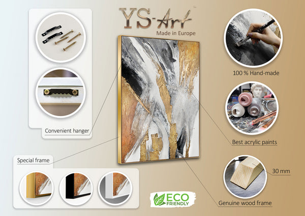 Promotional image of YS Art featuring a hand-made abstract painting with gold, black, and white strokes on canvas, detailed with eco-friendly practices, a variety of frame options, and highlighted with best quality acrylic paints