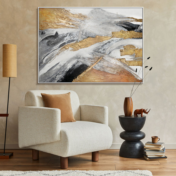 Modern abstract wall art with golden accents, framed for stylish living room decor, showcasing dynamic brush strokes on canvas