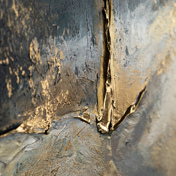 Macro view of a modern abstract painting, emphasizing the intricate textures and metallic gold against a deep gray backdrop, exemplifying fine art techniques and materials used.