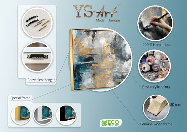 Promotional material for YS Art featuring an abstract framed art piece, showcasing 100% handmade technique with the best acrylic paints on a genuine wood frame. Special frame options highlighted with a focus on eco-friendly practices