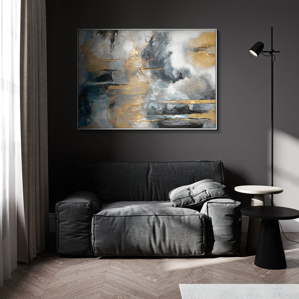 Modern abstract art in stylish living room, featuring a large canvas with golden and blue accents on a grey sofa backdrop, enhancing contemporary home decor